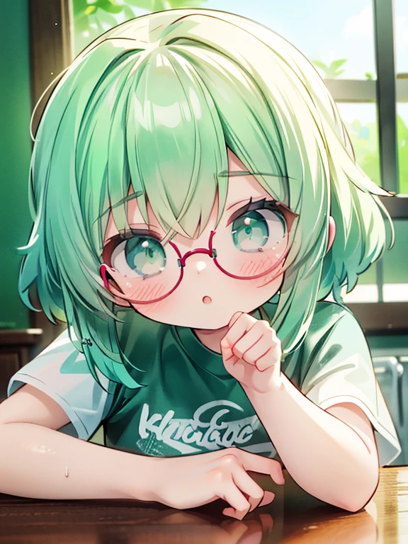 comic effect, cinematic, dynamic, extremely detailed, animesque, HD12K, girl, 18 years old, green hair and eyes, intrigued and curious, with big glasses, white t-shirt, denim shorts, pressing her cheek against a window to see what takes place on the street, seen in medium close-up,