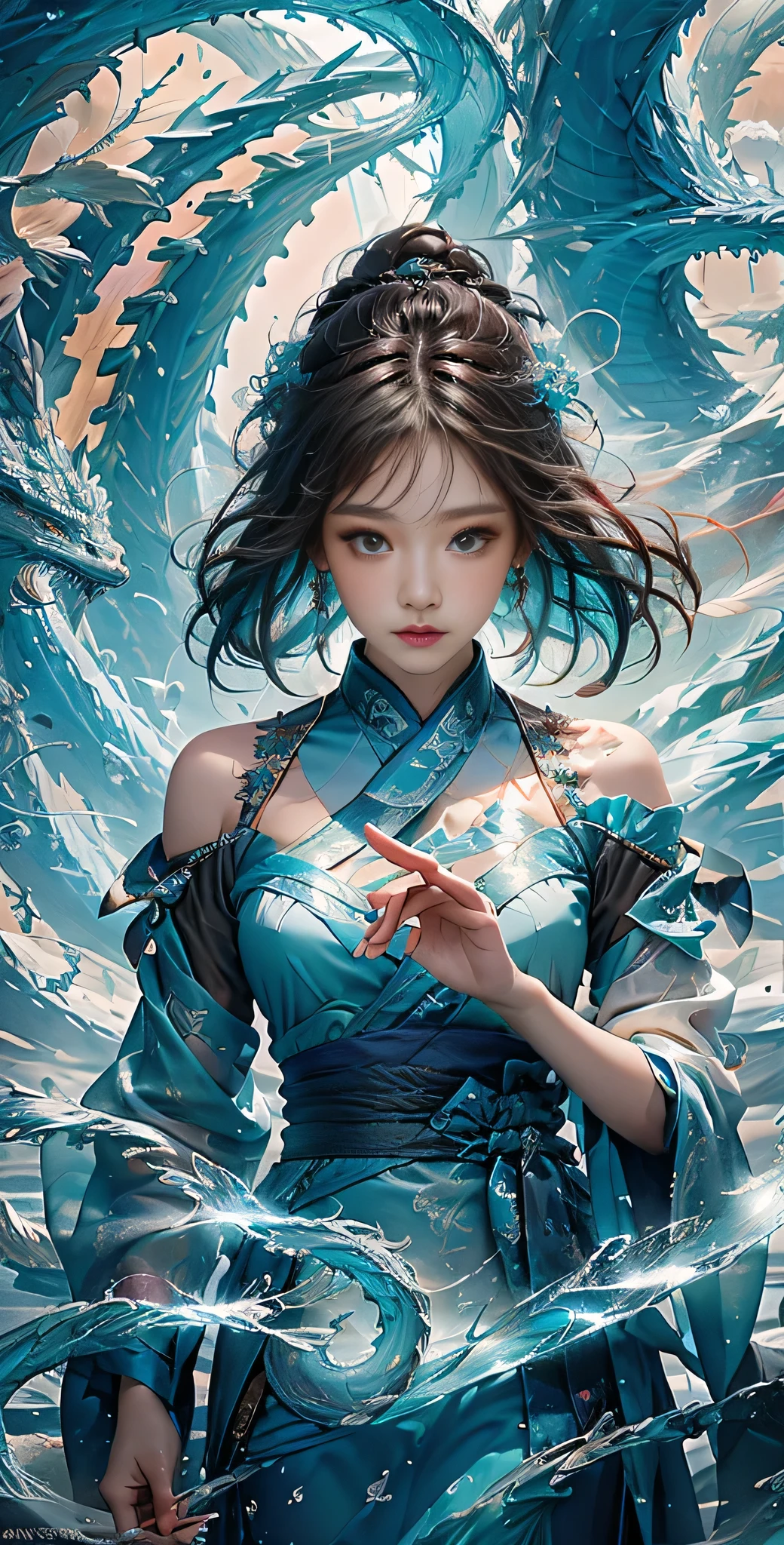 *8k Masterpiece, Top Quality, Best Quality, Official Art, (Beauty and Aesthetics: 1.3), Extremely Detailed, (Fractal Art: 1.3), Colorful, Ice and Chinese Dragon, Serpentine Body, Claw, Cyan and 1 Woman, Han Woman's Media, Hanfu, Cyan