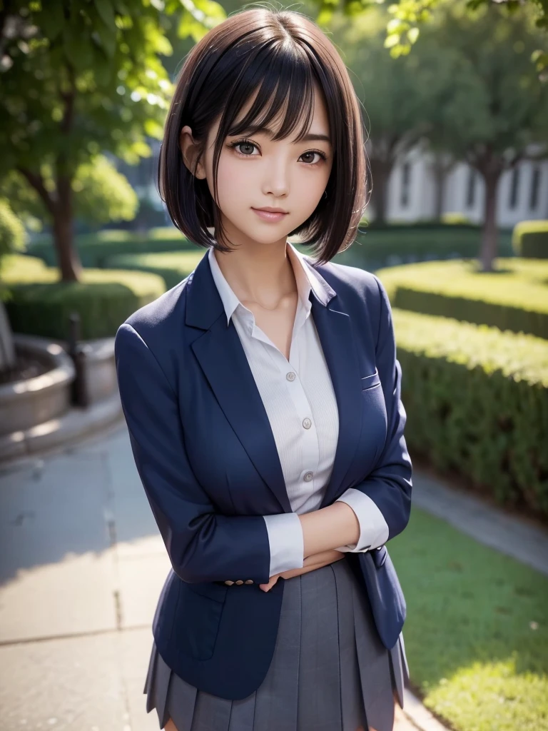 8K, highest quality, The real picture, Intricate details, Very detailed, Ultra-high resolution, Depth Field,(Realistic,Realistic:1.2),Tabletop , (Full Body Shot) , From the middle , 1 girl, eye_Chan, Very beautiful 17 year old girl, innocent big eyes,、Beautiful breasts:1.5、非常に詳細なeye:1.2)、(Beautiful breasts:1.1)、((Silver Hair))、(Semi-long hair), Asymmetrical bangs, Perfect Skin, Fair skin, Small breasts, Tight waist, alone, Staring at the audience, (smile), ((Fold your arms in front of your chest and act arrogantly)), ((楽しそうなsmile)), ((Perfect hand shape)), (Wears a navy blue school blazer uniform:1.3), (Short Bob Hair:1.3), Standing in the park, (The wind is blowing、A navy blue and pink checked miniskirt flips up),