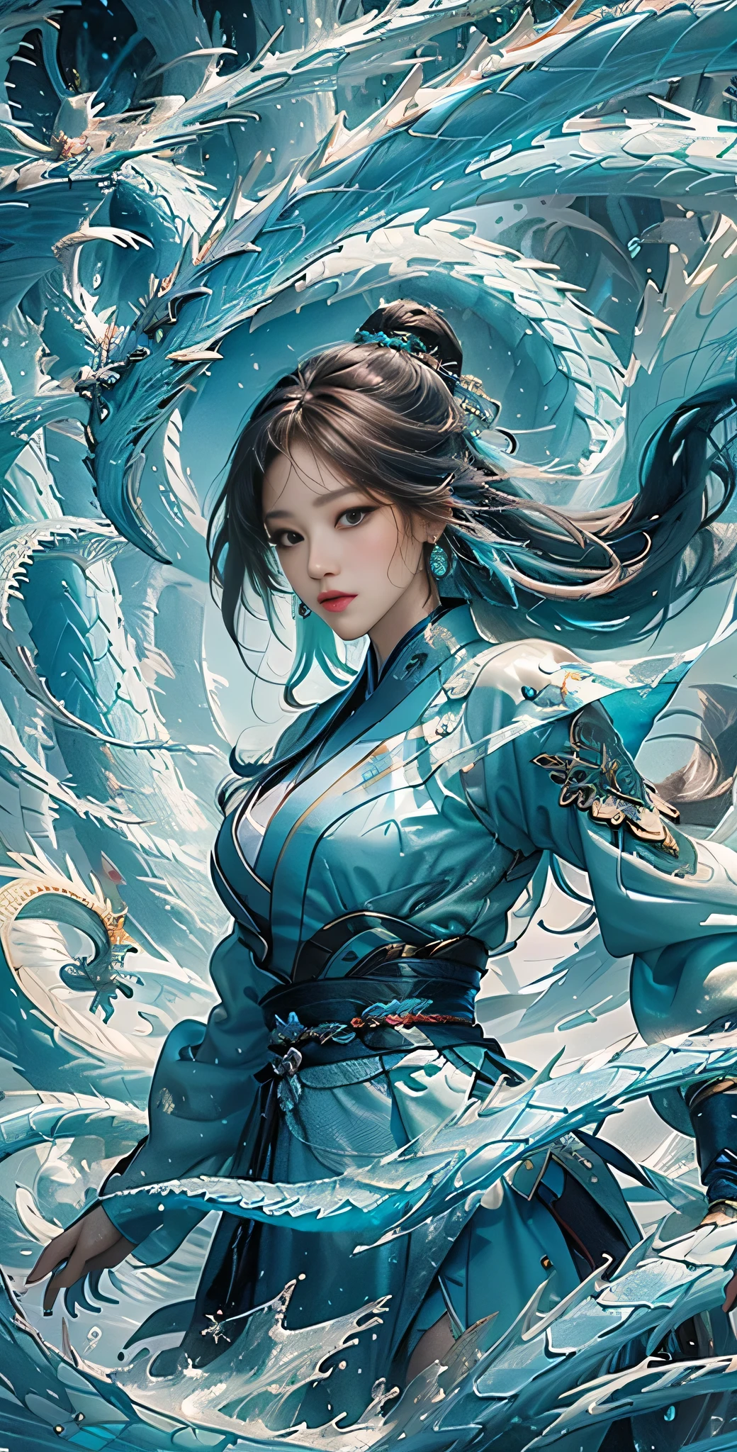 *8k Masterpiece, Top Quality, Best Quality, Official Art, (Beauty and Aesthetics: 1.3), Extremely Detailed, (Fractal Art: 1.3), Colorful, Ice and Chinese Dragon, Serpentine Body, Claw, Cyan and 1 Woman, Han Woman's Media, Hanfu, Cyan