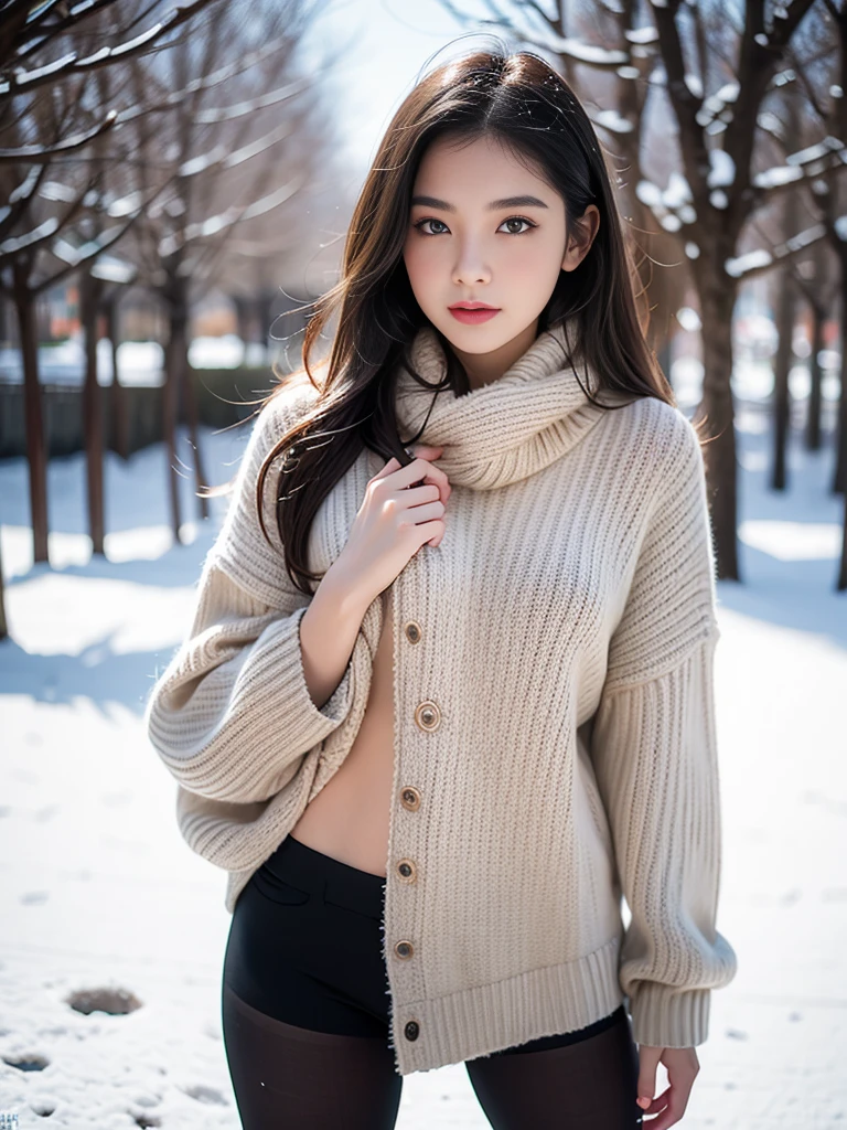 Winters，snow landscape，Beautiful teenage girl，lacepantyhose，Random color，long sweater，scarf，depth of fields，Real light，Ray traching，OC renderer，UE5 renderer，Hyper-realistic，best qualtiy，8K，Works of masters，super-fine，Detailed pubic hair，Correct anatomy，Super detailed face，Slim figure