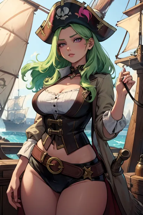 A light green haired woman with pink eyes and an hourglass figure in a pirate's outfit is watching shooting stars on a pirate sh...