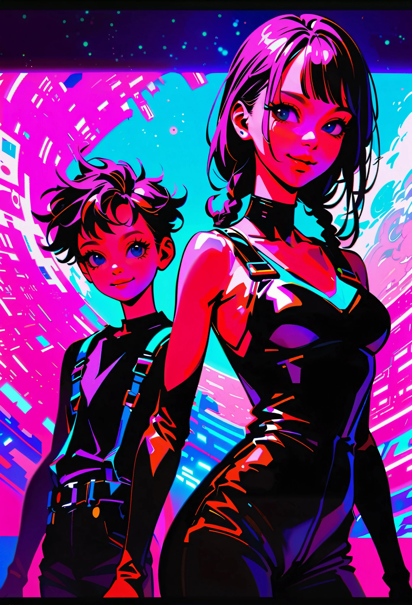 ((Picture in cyber punk style, create two characters), (futuristic , space station, space)))_((In the center of the composition there are two characters, close-up, a boy and a girl - full growth), (a girl in a stylish overalls, a slender figure, dynamic pose), (her clothes look very stylish, futuristic, a lot of details, latex material, textured fabric elements, colors, pink, blue, white), (her image embodies beauty and sympathy, her face radiates happiness, expressive eyes, smile), (her hairstyle, two long braids, hair dyed blue, pink - neon highlights))_((Her partner, a futuristic boy from the future, is dressed in all black, his preference in clothing, dark gothic style, combined with space jumpsuit, sporty stylish), (shoulder-length hair, handsome, black eyes, slender, young, strong body))_((Background, space station, space, technological elements, shine of stars))_((High image quality, stylish picture in cyber punk style, futuristic future, masterpiece), (animation cinematography, stylized realism, Japanese anime, blade runner, apple seed, animatrix), (FULL HD, 18K).