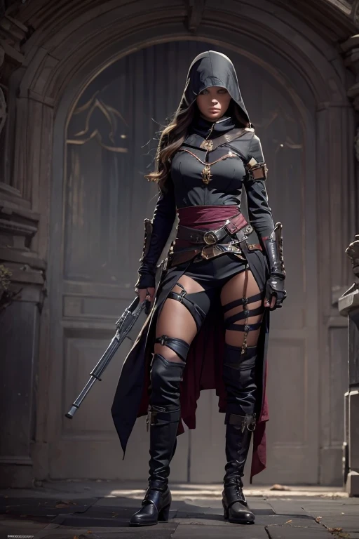 Full body shot of a young and sexy female assassin, 