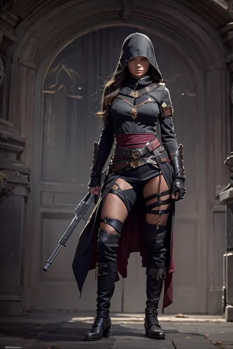 full body shot of a young and sexy female assassin,