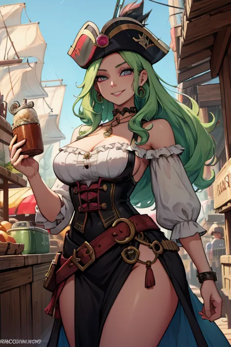 A light green haired woman with pink eyes and an hourglass figure in a pirate's outfit is smiling while shopping in the market o...