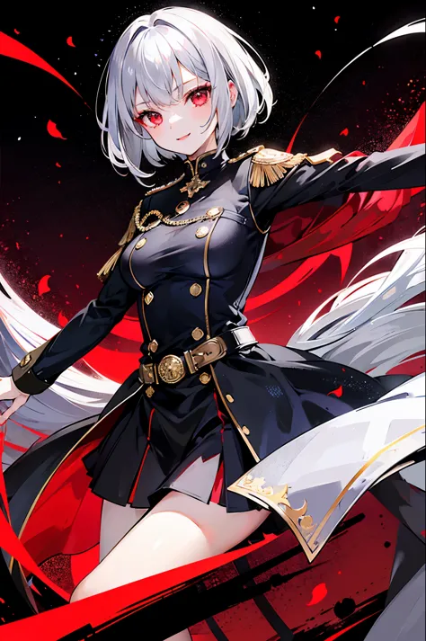 girl,silver hair,bob cut,red eyes,military suit,black jacket,jacket in gold design,night,belt,rapier at waist,smile,red moon,ros...