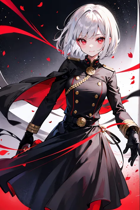 girl,silver hair,bob cut,red eyes,military suit,black jacket,jacket in gold design,night,belt,rapier at waist,smile,red moon,ros...