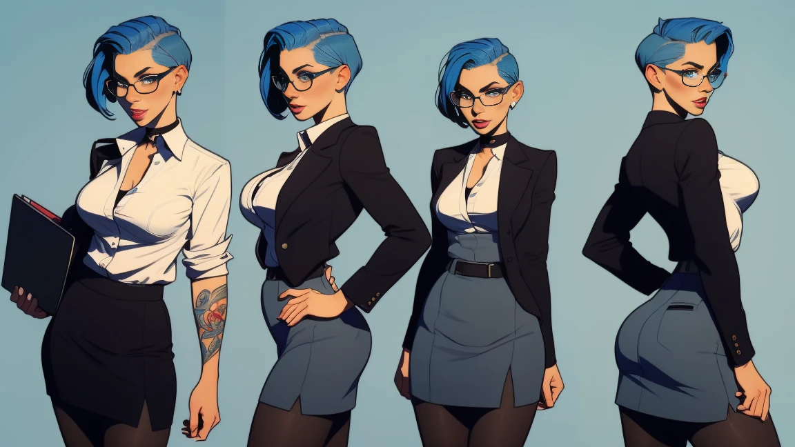 ((Masterpiece, Highest quality)), Detailed face, (character design sheet), full bodyesbian, Full of details, frontal body view, back body view, Highly detailed, Depth, Many parts, Multiple poses and expressions (young woman with short blue hair faded, undercut hairstyle) (light blue eyes), 20 years old, dominant gorgeous girl, same character, (woman pale skin), evil smile, red lips, (business suit), girl tall, choker, (Sexy Office Lady ), tattoos, glasses, short black skirt, white shirt, pantyhose, large breast