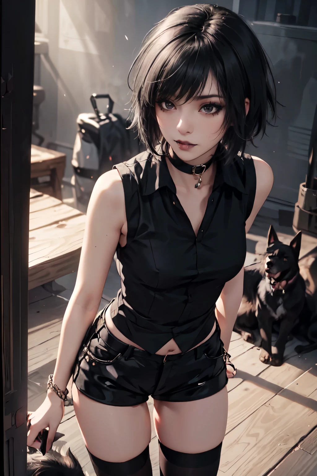 1girl, woman, emo_hairstyle, black lipstick, dog collar, eyeliner, eye shadow, smoky eyes, realistic lighting, short hair, sleeveless silk shirt, tight shorts, black thighhighs, standing up.