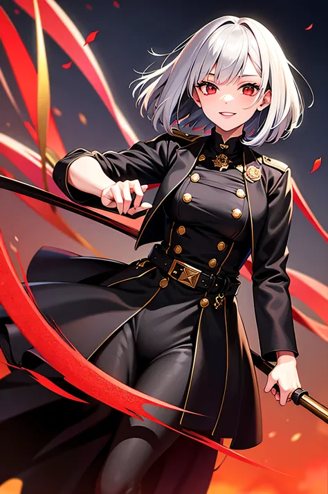 girl,silver hair,bob cut,red eyes,military suit,black jacket,jacket in gold design,night,belt,rapier at waist,smile,red moon,ros...