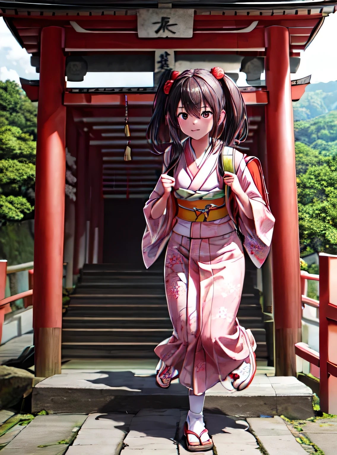 Фотографии в формате RAW, портретная живопись, высшее качество, Женщина с высоким разрешением, несущая школьный рюкзак、Ношение японского кимоно на летнем фестивале в храме
