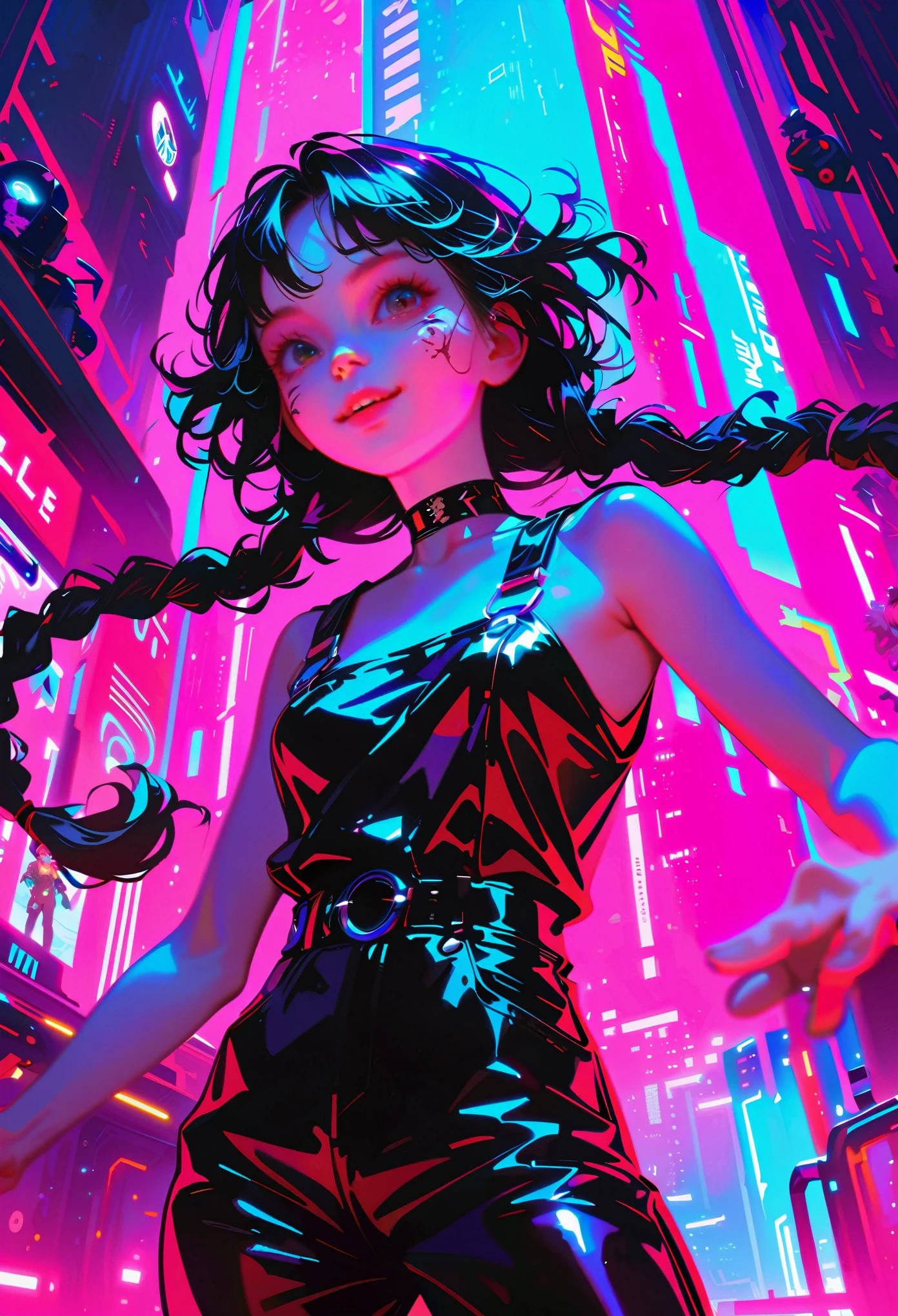 ((Imagen en estilo cyber punk., crear dos personajes), (futuristic , espacio station, espacio)))_((En el centro de la composición hay dos personajes., de cerca, un niño y una niña - pleno crecimiento), (una chica con un mono elegante, a esbelto figure, pose dinámica), (su ropa se ve muy elegante, futuristic, muchos detalles, material de látex, elementos de tela texturizada, colores, rosa, blue, blanco), (su imagen encarna belleza y simpatía, su rostro irradia felicidad, ojos expresivos, sonrisa), (su peinado, dos trenzas largas, cabello teñido de azul, rosa - neon highlights))_((Su compañero, un chico futurista del futuro, está vestido de negro, su preferencia en la ropa, Estilo gótico oscuro, combined with espacio jumpsuit, deportivo con estilo), (Cabello hasta los hombros, elegante, ojos negros, esbelto, joven, cuerpo fuerte))_((fondo, espacio station, espacio, elementos tecnológicos, brillo de estrellas))_((alta calidad de imagen, imagen elegante en estilo cyber punk, futuro futurista, Obra maestra), (cinematografía de animación, Realismo estilizado, anime japonés, Cazarecompensas, semilla de manzana, animatrix), (Full HD, 18k).