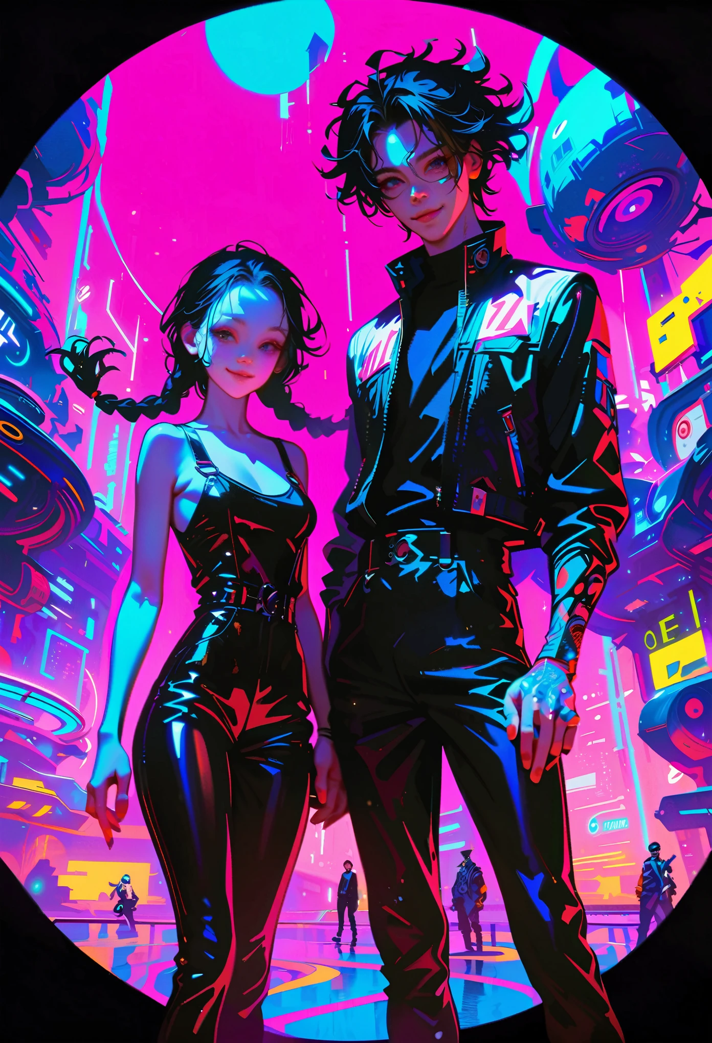 ((Picture in cyber punk style, create two characters), (futuristic , space station, space)))_((In the center of the composition there are two characters, close-up, a boy and a girl - full growth), (a girl in a stylish overalls, a slender figure, dynamic pose), (her clothes look very stylish, futuristic, a lot of details, latex material, textured fabric elements, colors, pink, blue, white), (her image embodies beauty and sympathy, her face radiates happiness, expressive eyes, smile), (her hairstyle, two long braids, hair dyed blue, pink - neon highlights))_((Her partner, a futuristic boy from the future, is dressed in all black, his preference in clothing, dark gothic style, combined with space jumpsuit, sporty stylish), (shoulder-length hair, handsome, black eyes, slender, young, strong body))_((Background, space station, space, technological elements, shine of stars))_((High image quality, stylish picture in cyber punk style, futuristic future, masterpiece), (animation cinematography, stylized realism, Japanese anime, blade runner, apple seed, animatrix), (FULL HD, 18K).