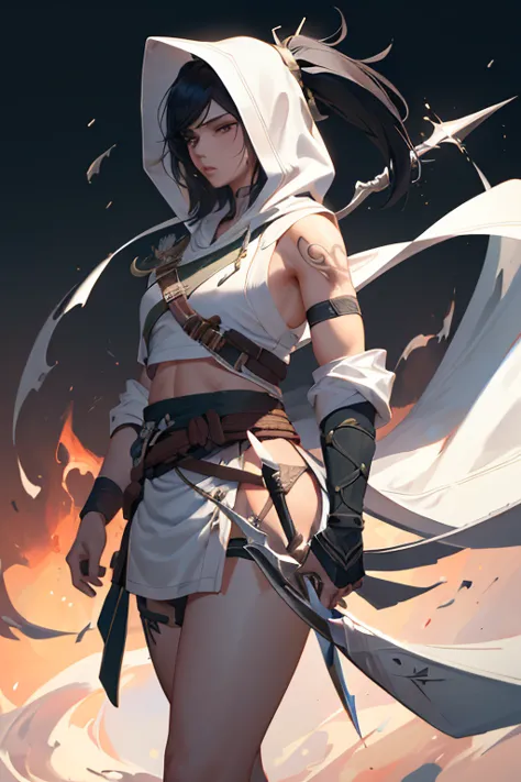 (The best quality at its best,4K,8k,High resolution,masterpiece:1.2),night, Akali, One girl, length_sleeve,White hood,White shor...
