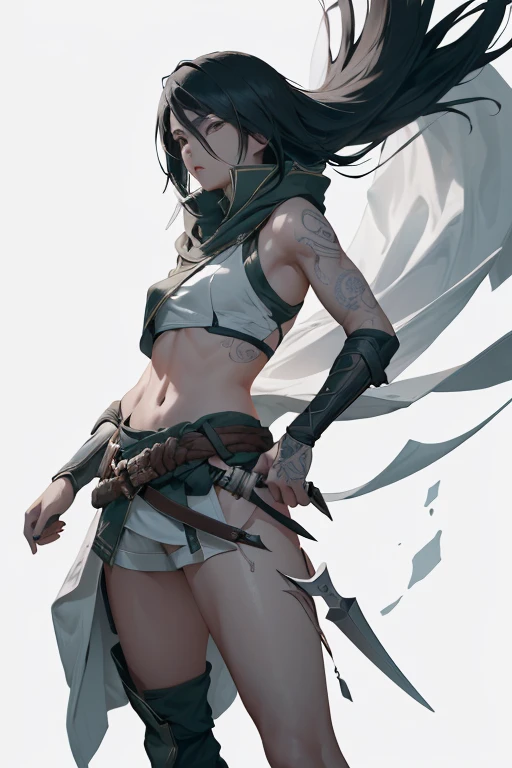 (The best quality at its best,4K,8k,High resolution,masterpiece:1.2),night, Akali, One girl, length_sleeve,White hood,White shorts,,tattoo , Are standing, full_body, arms,Sickle,dagger,,boots, belt,