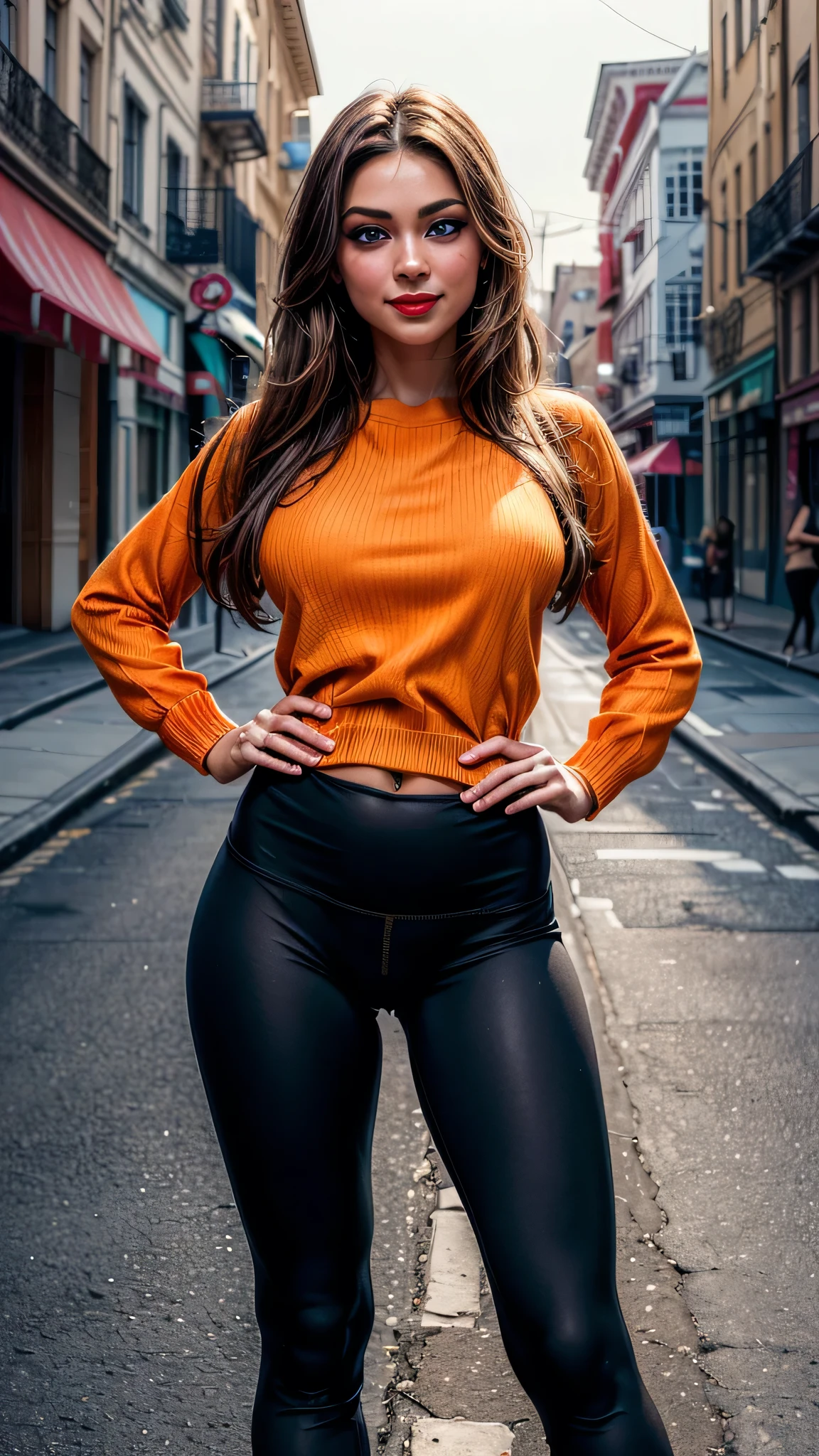 ((best quality: 1.5)) ((masterpiece)), intricate details, sharp focus, professional, real life, realistic representation of the face, dynamic pose, in the style of realistic and hyper detailed renderings BREAK ((detailed (((babe, (suntan, [flat chest:medium breasts:0.6], (white orange jumper, yoga pants, cameltoe)), blackout eye makeup: 0.7, iceblue eyes), straight hair [dark hair:blond hair:0.7], smiling, shadows, red lipstick, outdoors, faraway city street, golden hour)), professional lighting, photon mapping, radiosity, physically based rendering, ultra resolution, hyper-realistic)), photorealistic, hyper-realistic, 8K
