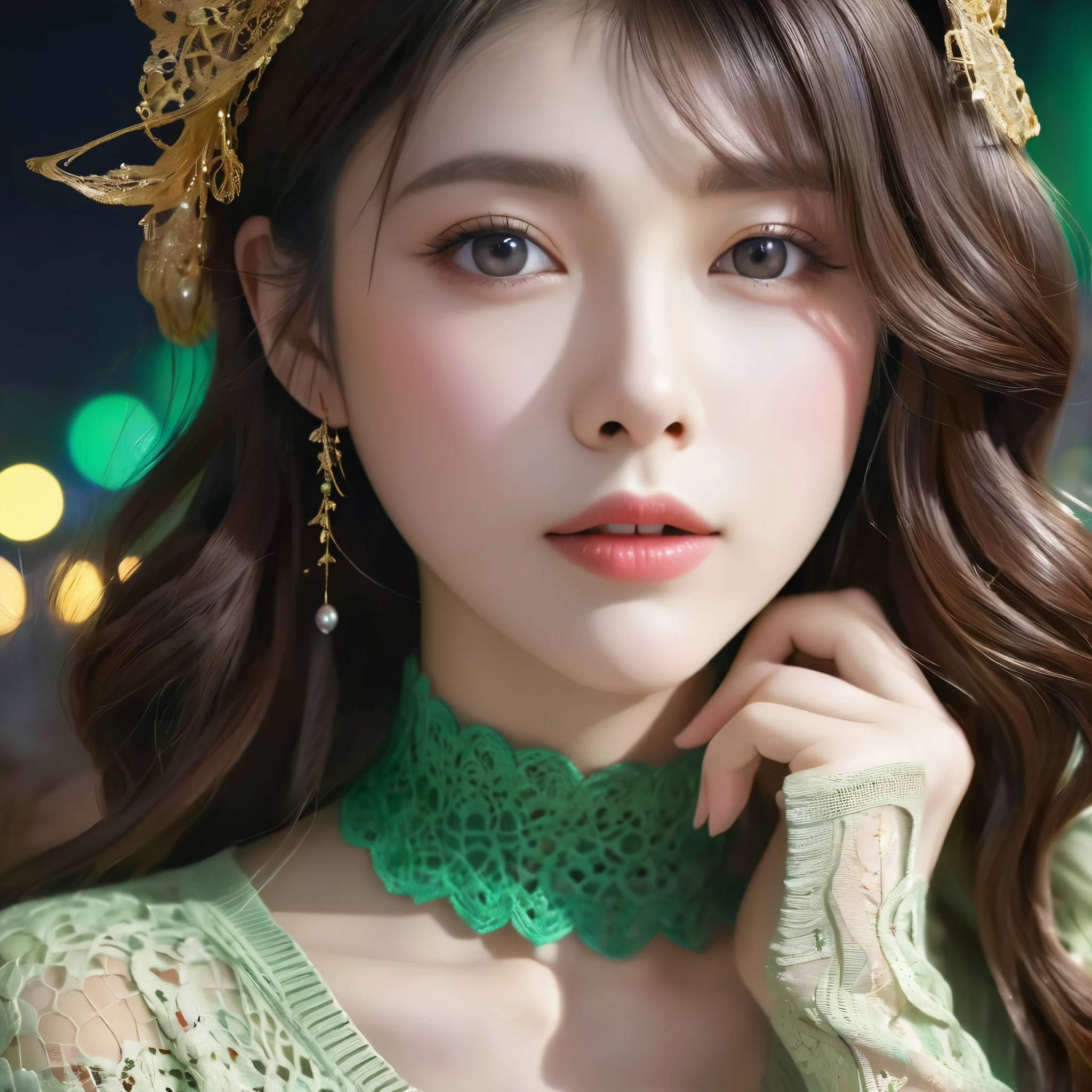 Wavy hair Wavy hair（（（Eyes are very delicate））），（（（Hair accessories））），necklace，Close-up，Sexy young girl in sexy green and gold lace sweater，New Year decorations are everywhere on the road（（（masterpiece）））， （（best quality））， （（Intricate details））， （（Surrealism））（8K）