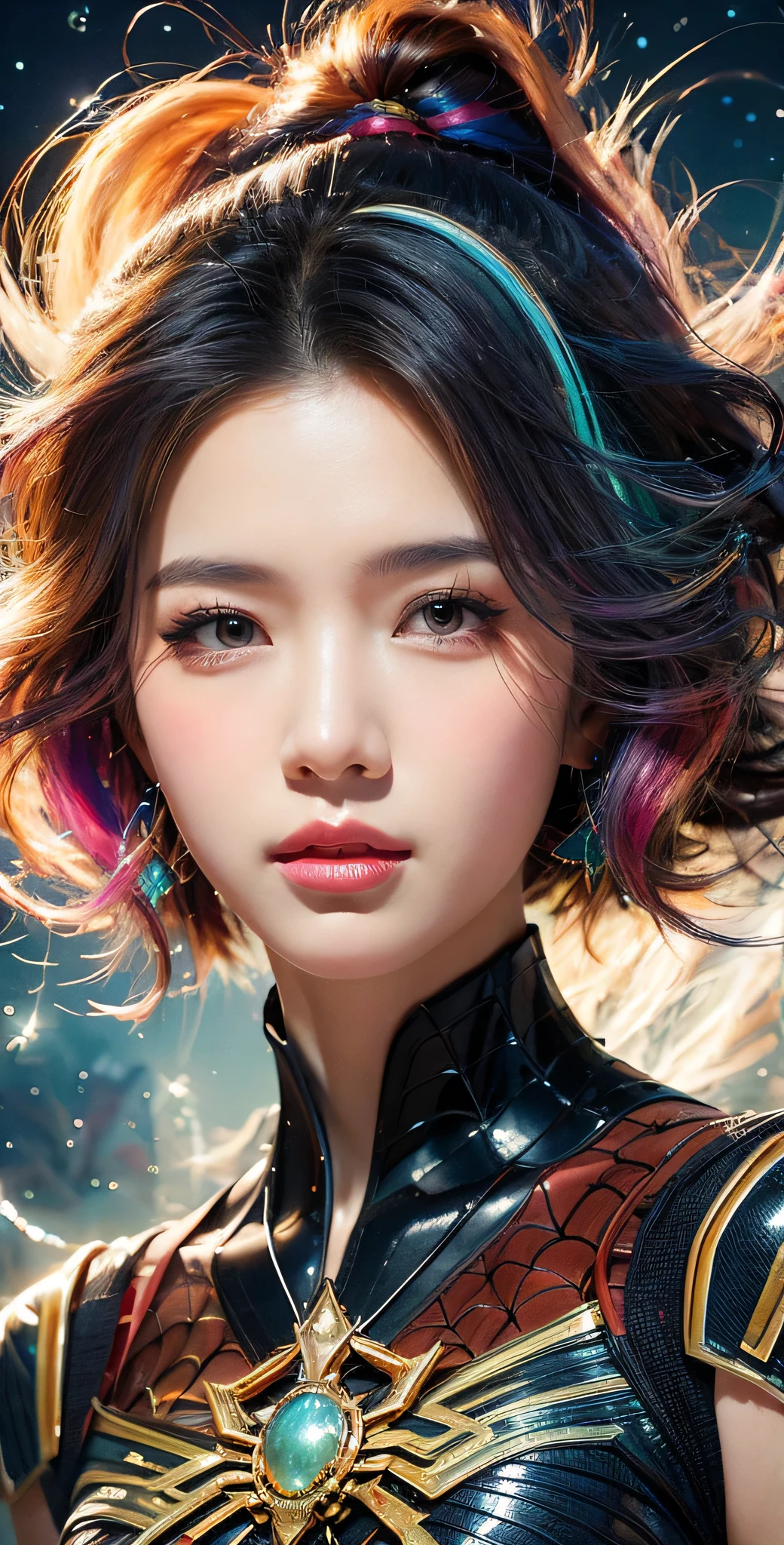 Close-up of a woman with bunt hair and necklace, Anime-Mädchen mit kosmischem Haar, sanfte Vitalität von Rossdraws, Kunstwerk im Guvez-Stil, Fantasy-Kunststil, bunt], lebendiger Fantasy-Stil, Ross zeichnet Cartoons voller Vitalität, cosmic and bunt, Guweiz, bunt digital fantasy art, Atemberaubender Kunststil, wunderschöner Anime-Stil, weiße Haut, Spiderman-Kostüm,