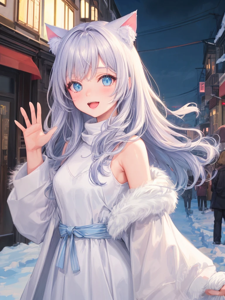 art by Cornflower,(​master piece),(top-quality:1.2),(perfect anatomy),1 girl, (Cat ear:1.3),exquisitedetails,Vibrant colors, Soft tones, With warm and gentle lighting,(white fur coat:1.2),light blue muffler,beautiful detailed eyes,silver long hair,small breasts,(sideways glance),open mouth,smile,armpits,waving,Victory pose,The atmosphere is full of happiness and laughter,Combination of digital illustration and photography,soft pastel tones,Create an ethereal atmosphere like a dream,Depth of written boundary, Bokeh,film lighting,Standing in night street full of snows,high contrast