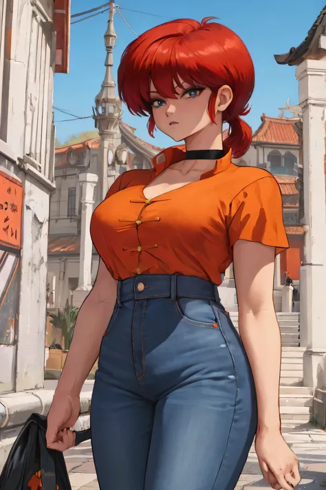 Female Ranma Saotome. red hair. small saggy breats. huge hips. choker. jeans. shirt