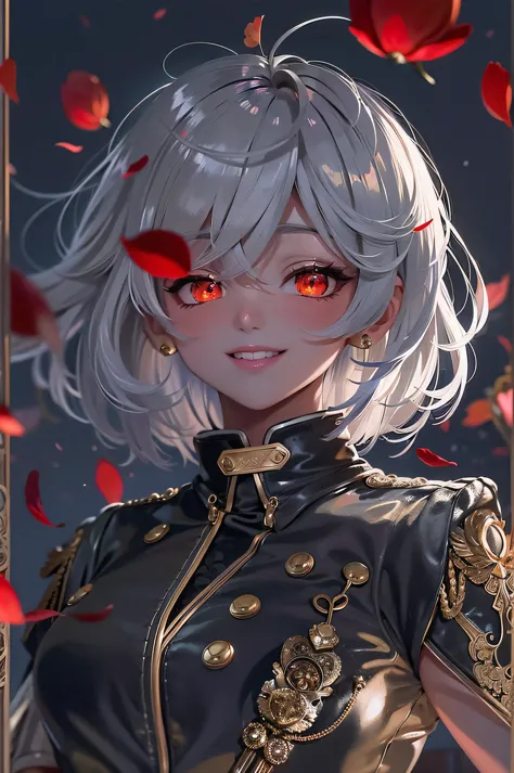 girl,silver hair,bob cut,red eyes,military suit,black jacket,jacket in gold design,night,belt,hand in rapier,smile,red moon,rose...