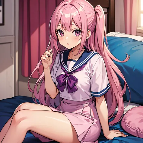 A pink-haired high school girl in a sailor uniform who is unwell and stays in the nurse&#39;s office until late at night、Moon an...