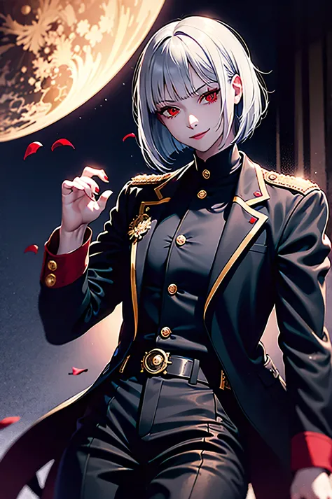 vampire,girl,silver hair,bob cut,red eyes,military suit,black jacket,jacket in gold design,night,belt,hand in rapier,smile,red m...