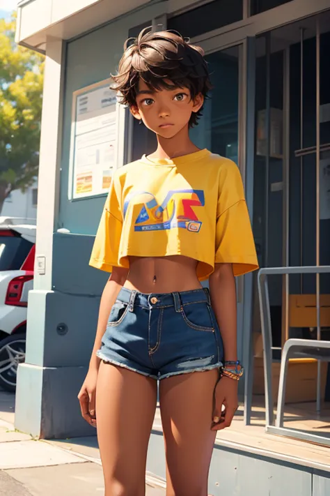 Teen boy 16 years old is wearing a cropped shirt and too very much short mini shorts, the boy's legs are beautiful and tanned, h...