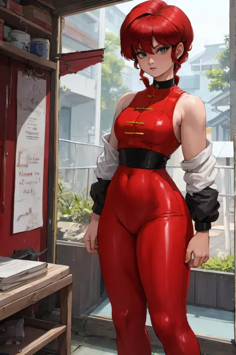 Female Ranma Saotome. red hair. small saggy breats. huge hips. choker. a tight suit