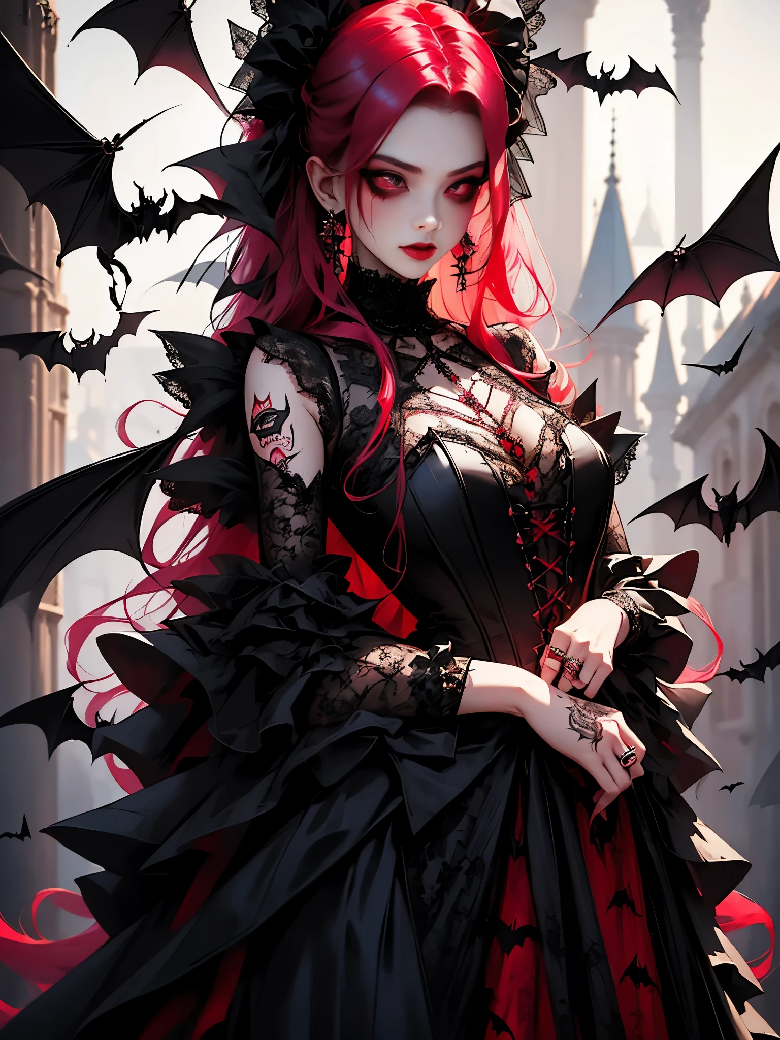 a woman in black and red color corset and goth hair, with piercings, 1girl, solo, black and pink hair, long hair, (Red Eyes、Slit eyes),ring,GothGal, wearing a GothGal outfi, dress,((Tulle lace,bat tattoo on chest)), ribbon, frills,ruined church,Dynamic Angle,