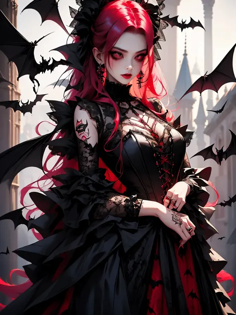 a woman in black and red color corset and goth hair, with piercings, 1girl, solo, black and pink hair, long hair, (Red Eyes、Slit...