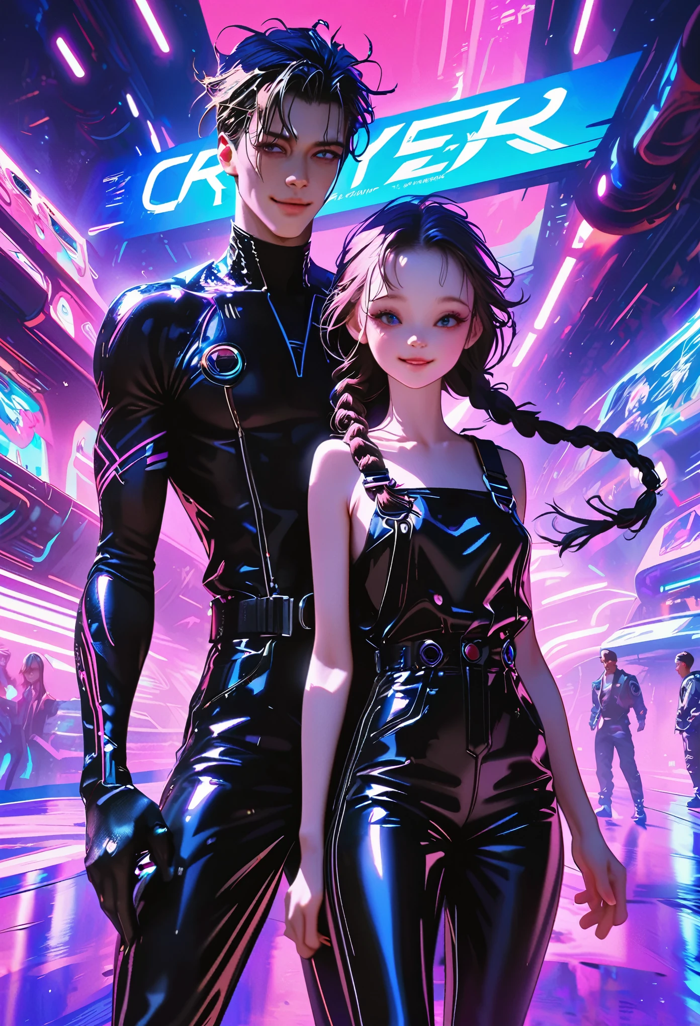 ((Picture in cyber punk style, create two characters), (futuristic , space station, space)))_((In the center of the composition there are two characters, close-up, a boy and a girl - full growth), (a girl in a stylish overalls, a slender figure, dynamic pose), (her clothes look very stylish, futuristic, a lot of details, latex material, textured fabric elements, colors, pink, blue, white), (her image embodies beauty and sympathy, her face radiates happiness, expressive eyes, smile), (her hairstyle, two long braids, hair dyed blue, pink - neon highlights))_((Her partner, a futuristic boy from the future, is dressed in all black, his preference in clothing, dark gothic style, combined with space jumpsuit, sporty stylish), (shoulder-length hair, handsome, black eyes, slender, young, strong body))_((Background, space station, space, technological elements, shine of stars))_((High image quality, stylish picture in cyber punk style, futuristic future, masterpiece), (animation cinematography, stylized realism, Japanese anime, blade runner, apple seed, animatrix), (FULL HD, 18K).