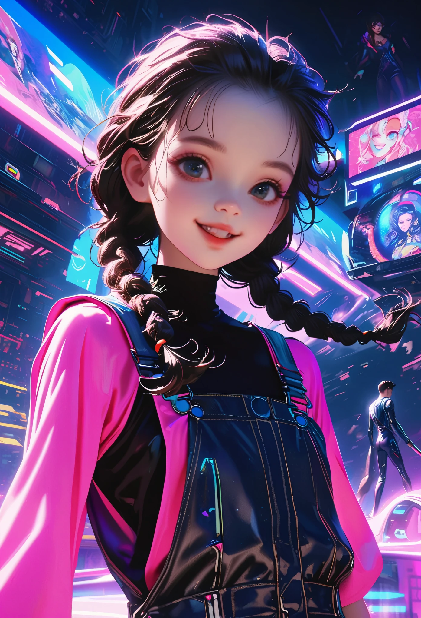 ((Picture in cyber punk style, create two characters), (futuristic , space station, space)))_((In the center of the composition there are two characters, close-up, a boy and a girl - full growth), (a girl in a stylish overalls, a slender figure, dynamic pose), (her clothes look very stylish, futuristic, a lot of details, latex material, textured fabric elements, colors, pink, blue, white), (her image embodies beauty and sympathy, her face radiates happiness, expressive eyes, smile), (her hairstyle, two long braids, hair dyed blue, pink - neon highlights))_((Her partner, a futuristic boy from the future, is dressed in all black, his preference in clothing, dark gothic style, combined with space jumpsuit, sporty stylish), (shoulder-length hair, handsome, black eyes, slender, young, strong body))_((Background, space station, space, technological elements, shine of stars))_((High image quality, stylish picture in cyber punk style, futuristic future, masterpiece), (animation cinematography, stylized realism, Japanese anime, blade runner, apple seed, animatrix), (FULL HD, 18K).