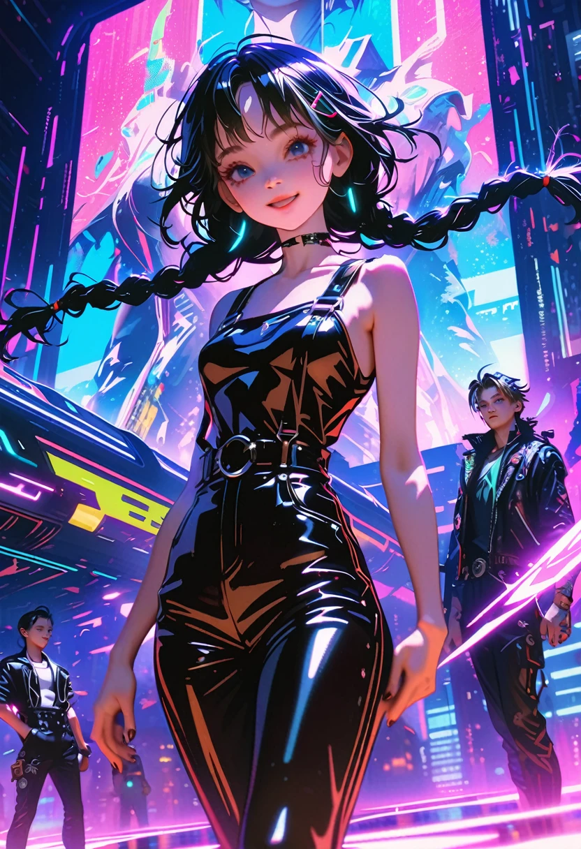 ((Picture in cyber punk style, create two characters), (futuristic , space station, space)))_((In the center of the composition there are two characters, close-up, a boy and a girl - full growth), (a girl in a stylish overalls, a slender figure, dynamic pose), (her clothes look very stylish, futuristic, a lot of details, latex material, textured fabric elements, colors, pink, blue, white), (her image embodies beauty and sympathy, her face radiates happiness, expressive eyes, smile), (her hairstyle, two long braids, hair dyed blue, pink - neon highlights))_((Her partner, a futuristic boy from the future, is dressed in all black, his preference in clothing, dark gothic style, combined with space jumpsuit, sporty stylish), (shoulder-length hair, handsome, black eyes, slender, young, strong body))_((Background, space station, space, technological elements, shine of stars))_((High image quality, stylish picture in cyber punk style, futuristic future, masterpiece), (animation cinematography, stylized realism, Japanese anime, blade runner, apple seed, animatrix), (FULL HD, 18K).