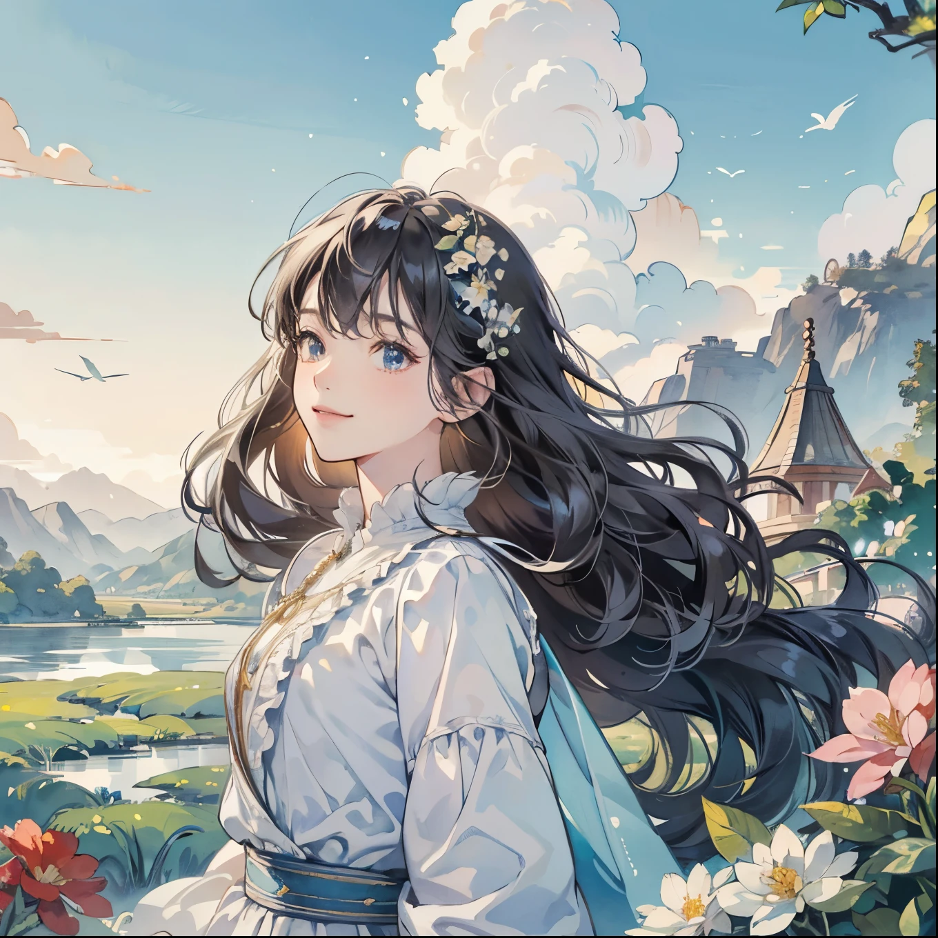 (best quality,4k,8k,highres,masterpiece:1.2),extremely detailed anatomy,watercolor:1.5,low angle composition,distant shot,1  woman long wavy hair,beautiful smile,pure white fairy costume,purity,charm,gazing at blue sky,flowers and leaves,botanical art