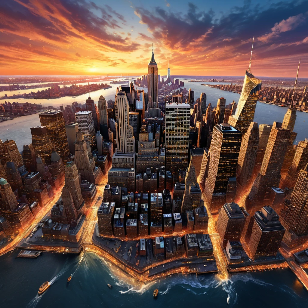 a breathtaking cityscape of new york city, surrounded by a captivating golden and diamond-encrusted landscape, with a simple yet striking background of flowing liquid metal that reflects the vibrant scene, all rendered in stunning 8k resolution with the utmost attention to detail, masterfully blending photorealistic and anime-inspired elements to create a visually stunning and dynamic composition that captivates the viewer, showcasing intricate textures, vivid colors, and a unique birdseye perspective that elevates the overall artistic quality.