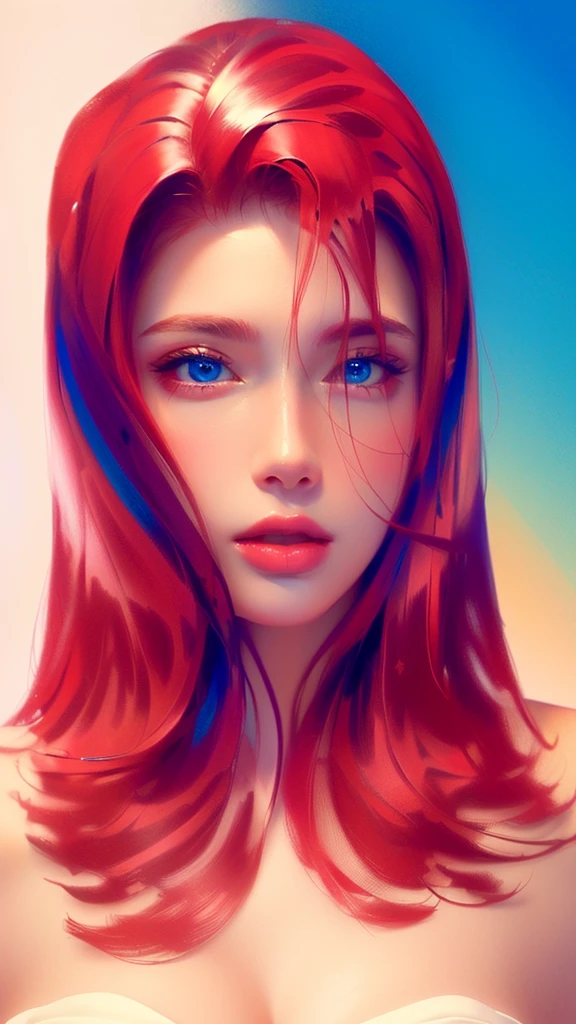 master piece, 8k detail, beautiful woman, full shinny red hair, blue eyes, glossy pouty lips, button nose, pretty face, white back ground