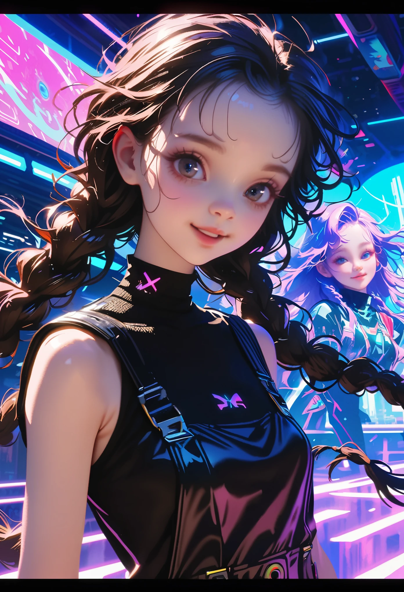 ((Imagem em estilo cyber punk, crie dois personagens), (futurista , espaço station, espaço)))_((No centro da composição estão dois personagens, fechar-se, um menino e uma menina - crescimento total), (uma garota com um macacão estiloso, a Delgado figure, pose dinâmica), (as roupas dela parecem muito elegantes, futurista, muitos detalhes, Material látex, elementos de tecido texturizado, cores, rosa, azul, branco), (sua imagem incorpora beleza e simpatia, Seu rosto irradia felicidade, olhos expressivos, Sorriso), (O penteado dela, duas longas tranças, hair dyed azul, rosa - neon highlights))_((Seu parceiro, a futurista boy from the future, está vestido todo de preto, sua preferência em roupas, estilo gótico escuro, combined with espaço jumpsuit, esportivo elegante), (Cabelo até os ombros, bonito, olhos pretos, Delgado, Jovem, corpo forte))_((Fundo, espaço station, espaço, elementos tecnológicos, brilho das estrelas))_((alta qualidade de imagem, imagem elegante em estilo cyber punk, futurista future, Obra de arte), (cinematografia de animação, Realismo Estilizado, anime japonês, corredor de lâmina, semente de maçã, animatriz), (Full HD, 18 mil).