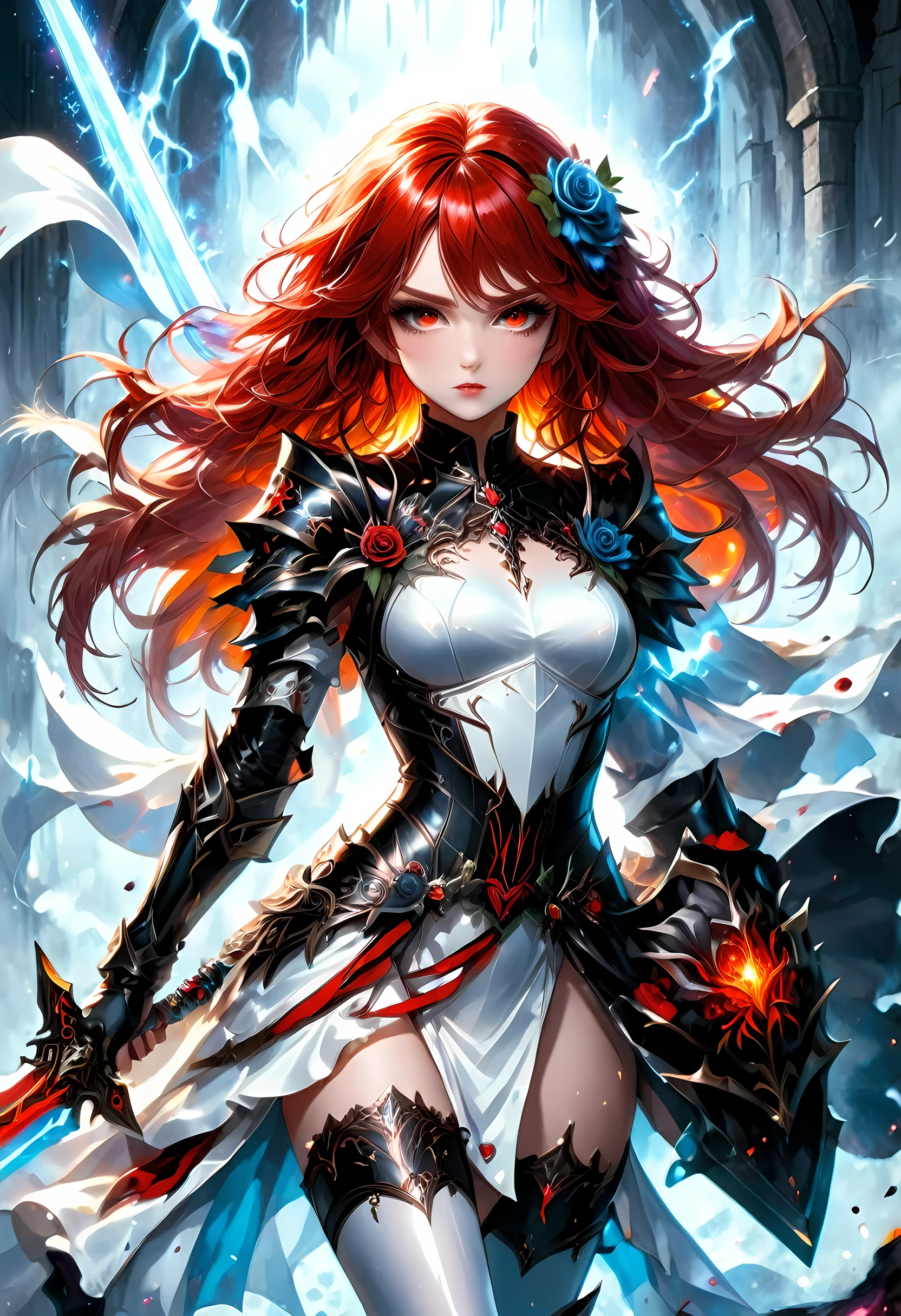 Arafed, action shot, Dark fantasy art, fantasy art, goth art, a picture of a female vampire, exquisite beauty, full body shot, dark glamour shot, pale white skin, red hair, long hair, wavy hair, dynamic eyes color eyes, glowing eyes, she wears a ((white: 1.3)) white tight suit, Armored Dress, she holds a sword in hand, (ready for battle: 1.4) , ((black roses: 1.5)) are imprinted on the suit,  high heels, dark castle, dark, black and color, Dark Art Painting Style, flower dress, dark novel, flower dress