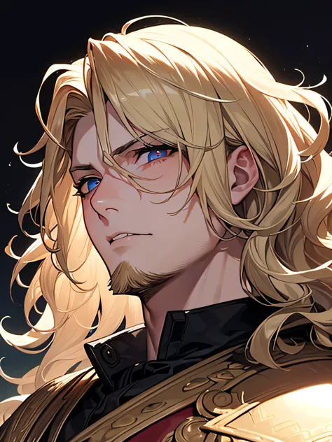 male, late 30s, ((blond, shoulder-length, middle-part wavy hair)), light-purple, deep-set, sanpaku eyes, slightly thick blond be...