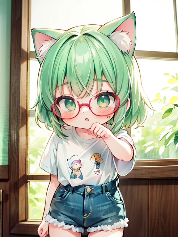comic effect, ecchi trend, cinematic, dynamic, extremely detailed, animesque, HD12K, girl, 18 years old, very cute, green hair and eyes, with big glasses, white t-shirt, denim shorts, fake cat ears licking a windowpane, close-up view,