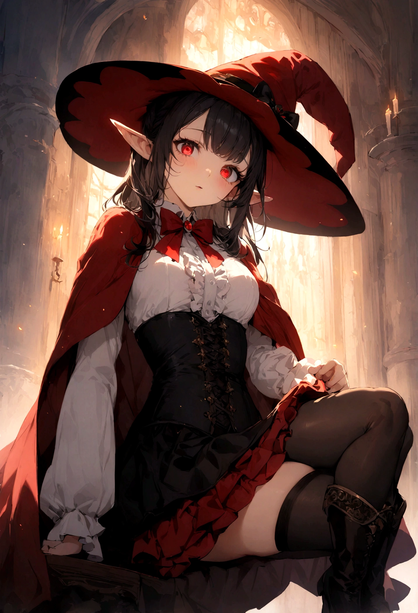 Anime girl, short black hair, Bangs are heavy, elf ears, red eyes, vampire, sorcerer, magician, witch, big witch hat, elegant,((best quality)), ((highly detailed)), masterpiece, absurdres, (detailed eyes, deep eyes), (1girl), puffy shirt, big bowtie, corset, skirt, stockings, boots, cape, Outside at night when the moon shines, frills, The sleeves are wide at the hem, long sleeve shirt