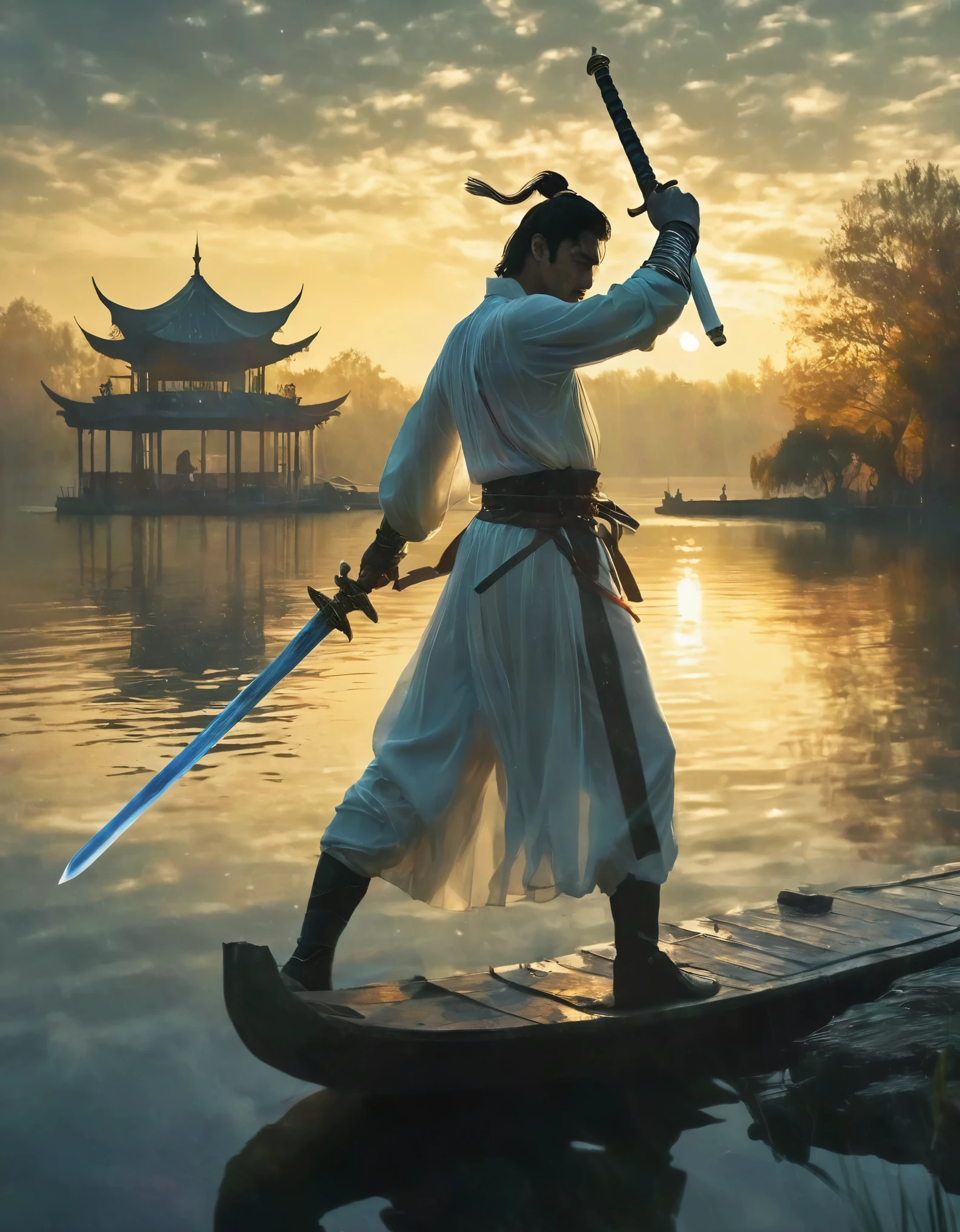 The hero dances with sword:1.5),Anatomically correct，1 glowing sword,(Movement posture),Hold the sword hilt tightly in your hand，Solitary，On the Lake, Wooden boats in the distance and pavilions in the lake，light, mysterious atmosphere,， ripple，(Splash;1.4)，A moon，Motion blur，swordsman，effort，