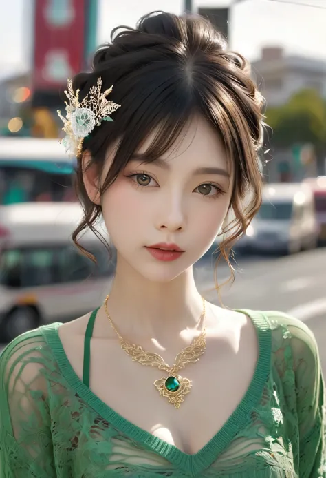 Wavy hair Wavy hair（（（Eyes are very delicate））），（（（Hair accessories））），necklace，Head close-up，Sexy young girl in sexy green and ...