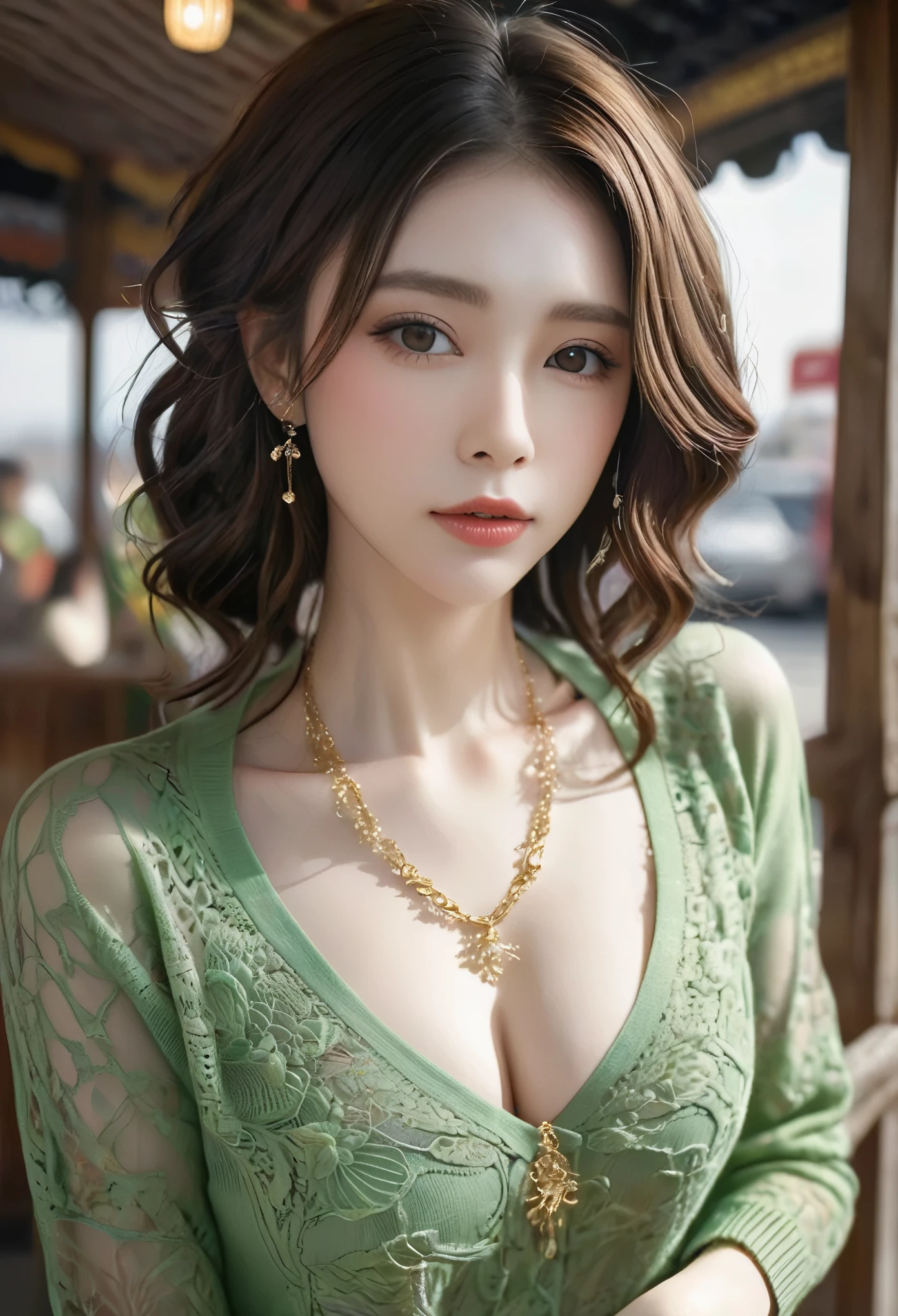 Wavy hair Wavy hair（（（Eyes are very delicate））），（（（Hair accessories））），necklace，Head close-up，Sexy young girl in sexy green and gold lace sweater，New Year decorations are everywhere on the road（（（masterpiece）））， （（best quality））， （（Intricate details））， （（Surrealism））（8K）