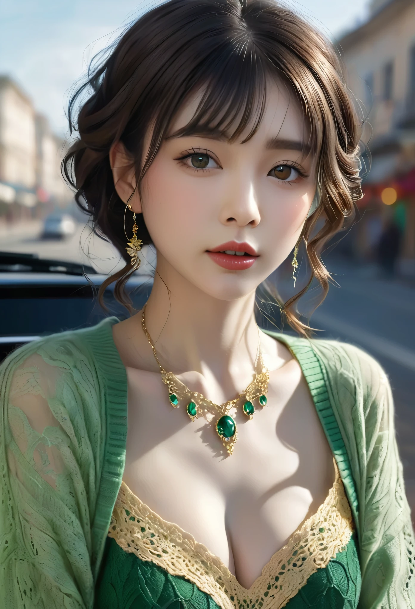 Wavy hair Wavy hair（（（Eyes are very delicate））），（（（Hair accessories））），necklace，Head close-up，Sexy young girl in sexy green and gold lace sweater，New Year decorations are everywhere on the road（（（masterpiece）））， （（best quality））， （（Intricate details））， （（Surrealism））（8K）