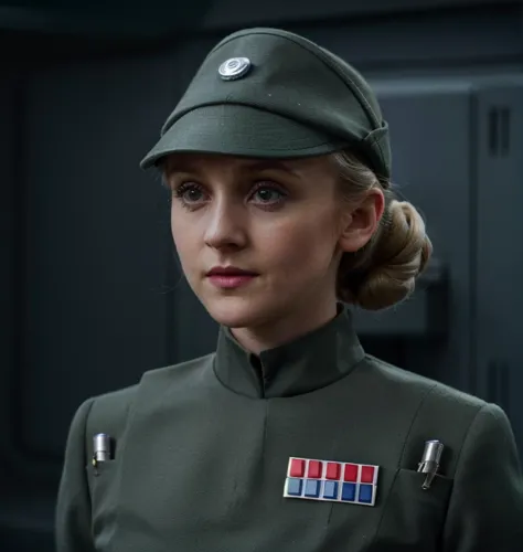 fashion photography of Evanna Lynch in olive gray imperialofficer uniform and hat with brim, hair in small tight bun, smooth pal...