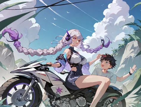 score_9,score_8_up,score_7_up,yinji,anime girl riding motorcycle，there&#39;s a man sitting in the back, artwork in the style of ...