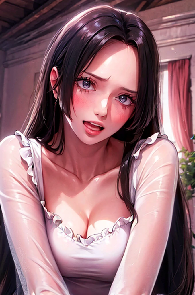 (((masterpiece))), (((best quality))), ((ultra-detailed)), (highly detailed CG illustration), Boa Hancock, , (masterpiece:1.5), Detailed Photo, Smiling, Sexy, (Best Quality: 1.4), (1girl), Beautiful Face, (Black Hair, long Hair: 1.3), Beautiful Hairstyle,  beautiful detail eyes, (realistic skin), beautiful skin, absurd, attractive, ultra high resolution, high definition, (sexually aroused:1.5), Pinkish white skin, cool white light, sexy pose, Beautiful , white background, pink soft white light, Wear a white dress